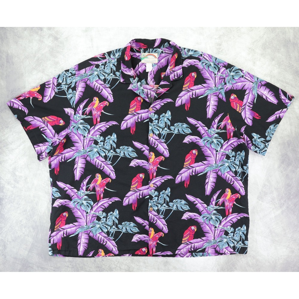 Paradise Found Jungle Bird Hawaiian Shirt Mens 4XL Black Purple Magnum PI Cotton